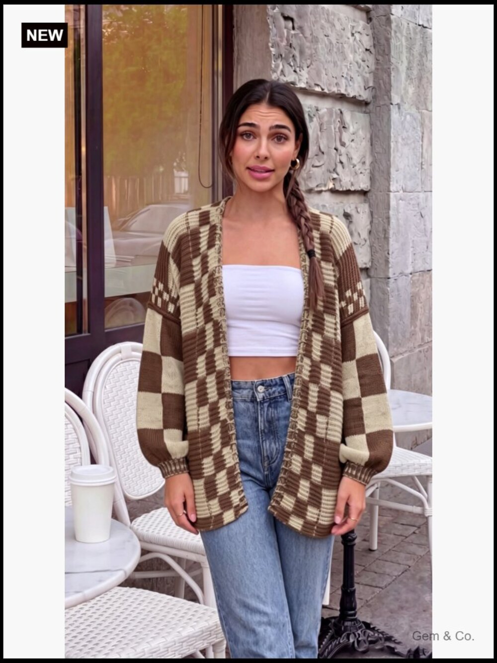 Chunky Knit Open Front Cardigan Sweater Long Sleeve Checkered Coat - Picture 7 of 7